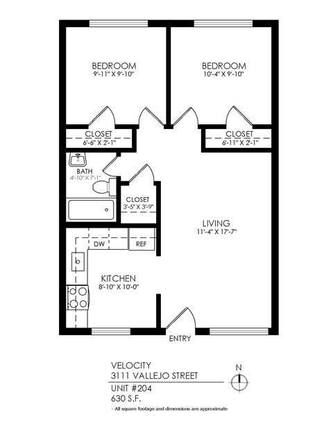 Floor plan for 2 beds, 1 bath, 665 sqft
